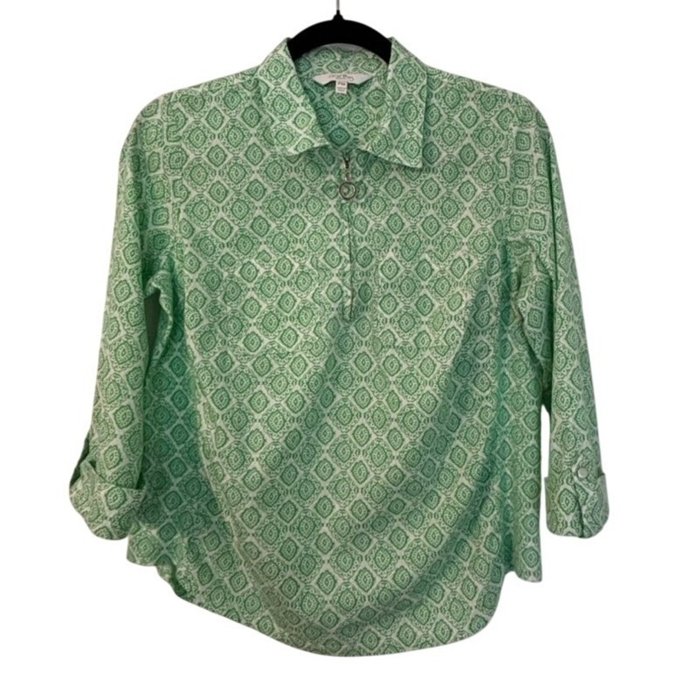 Green White Geometric Medallion Quarter Zip 3/4 Sleeve Top PM Preppy Beach Chic